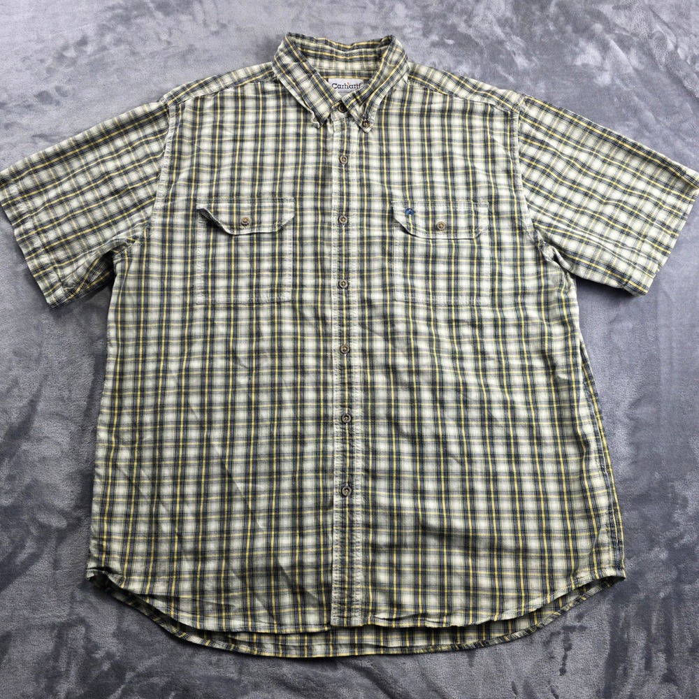 Carhartt Button Down Shirt Mens 2XL Yellow Blue Plaid Short Sleeve Cotton Work